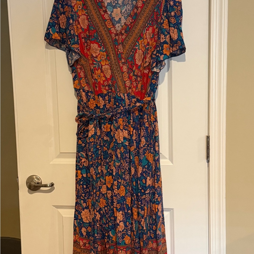 BloomChic Floral V-Neck Maxi Dress - Blue & Orange